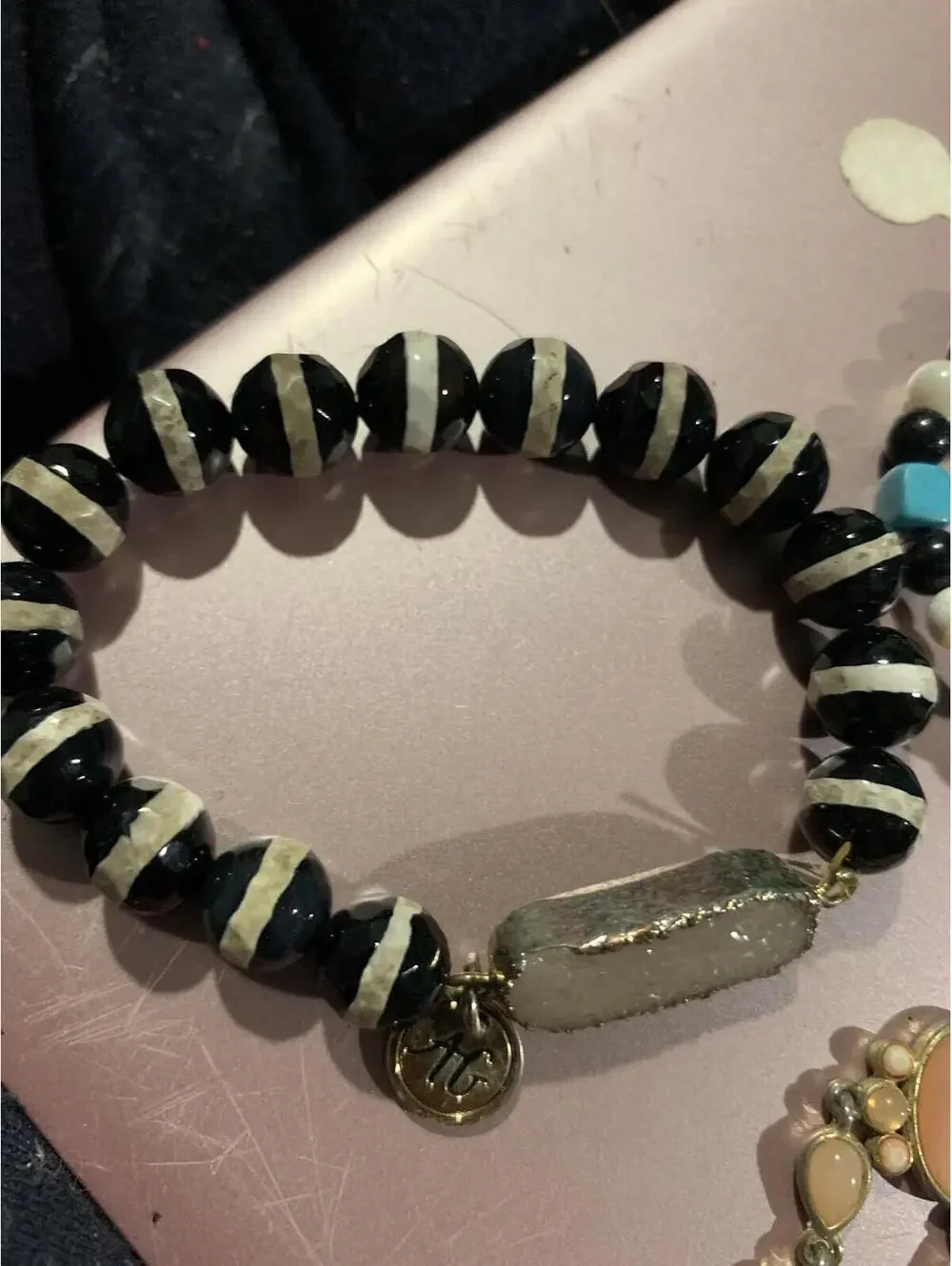 Black and White Striped Beaded Bracelet with Stone Accent
